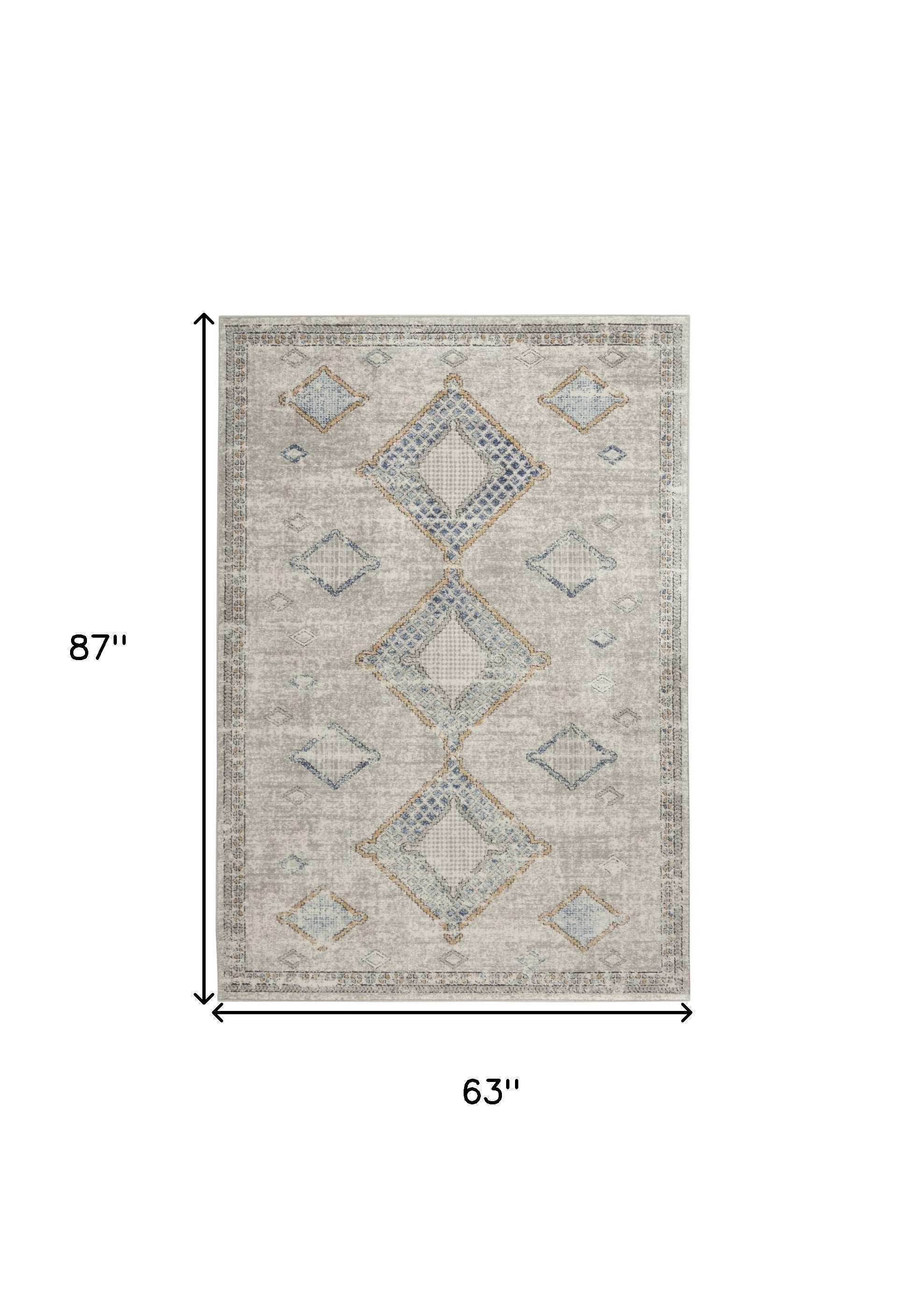 5' X 7' Ivory Grey And Blue Southwestern Power Loom Non Skid Area Rug