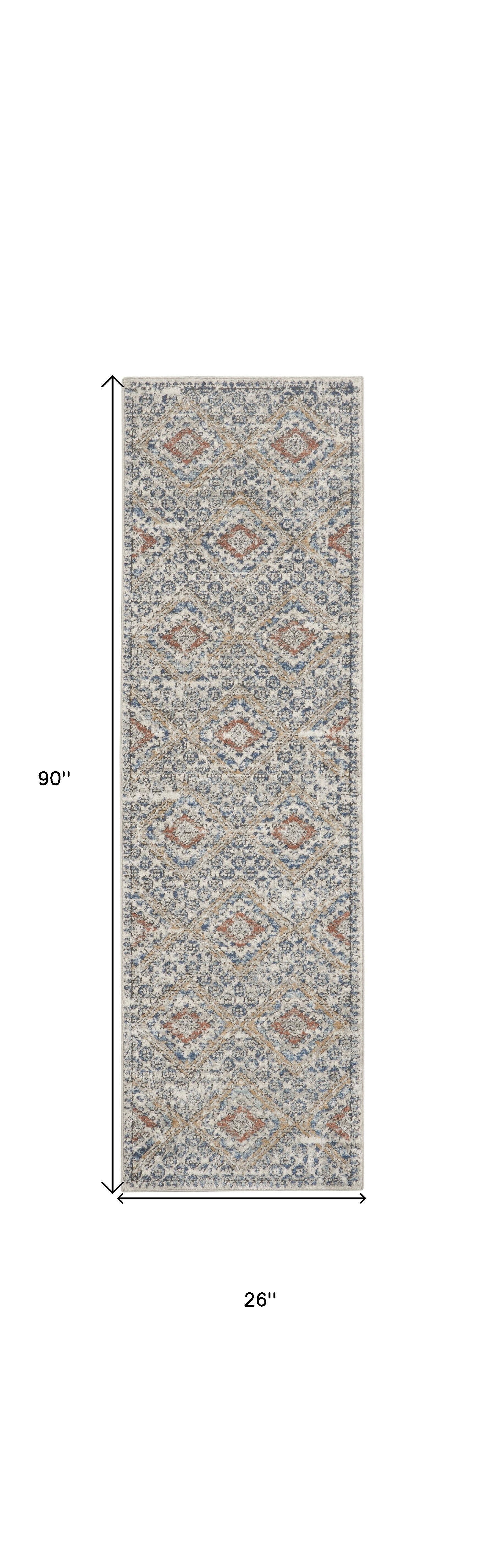 2' X 8' Grey Ivory And Blue Southwestern Power Loom Non Skid Runner Rug