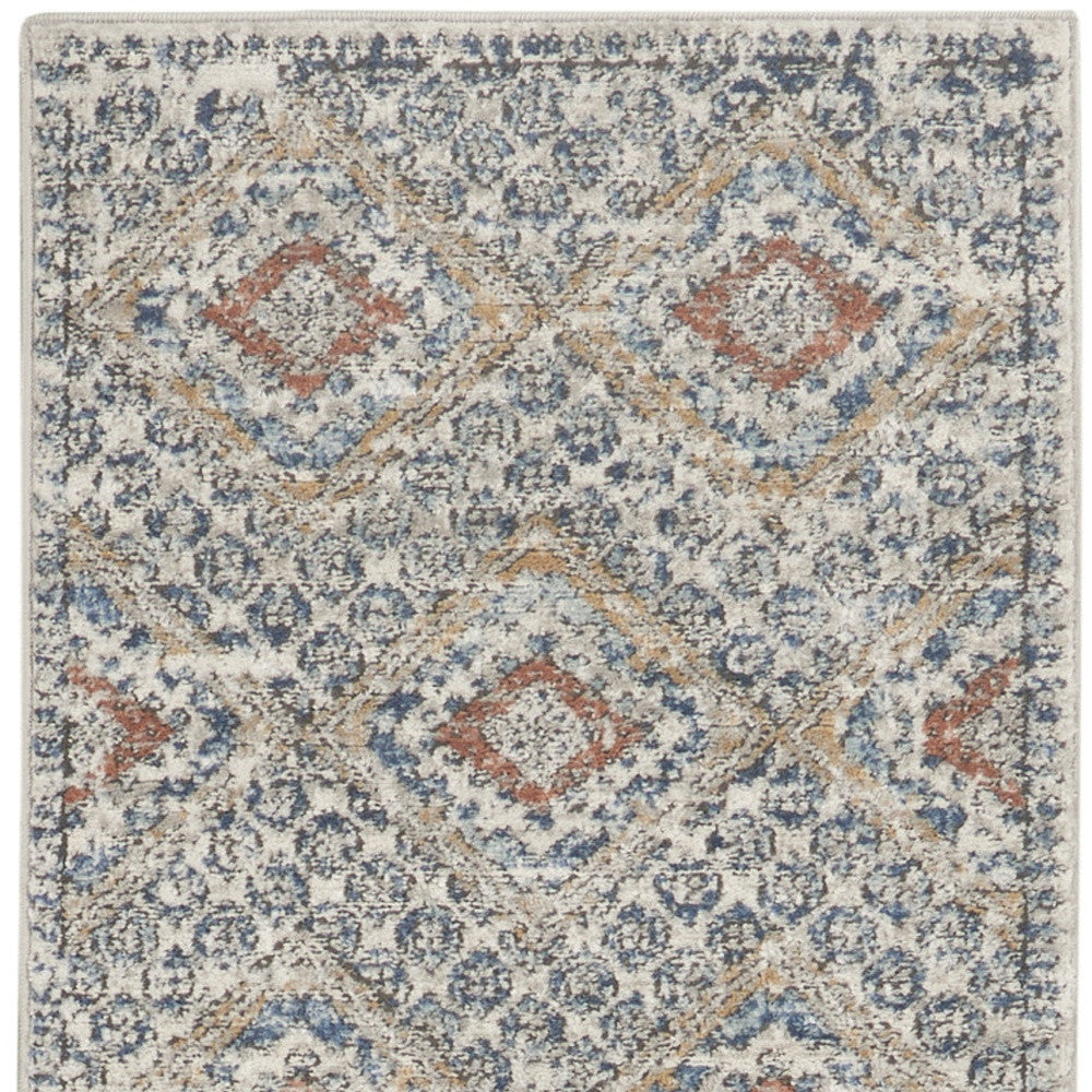 2' X 8' Grey Ivory And Blue Southwestern Power Loom Non Skid Runner Rug