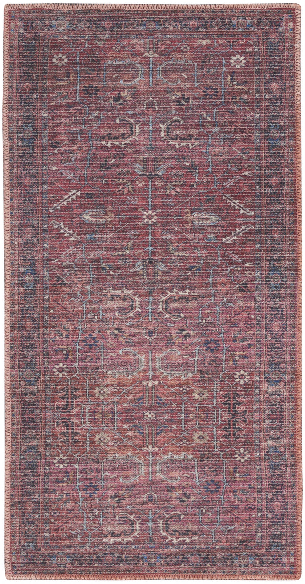 2' X 4' Brick Oriental Power Loom Distressed Washable Area Rug