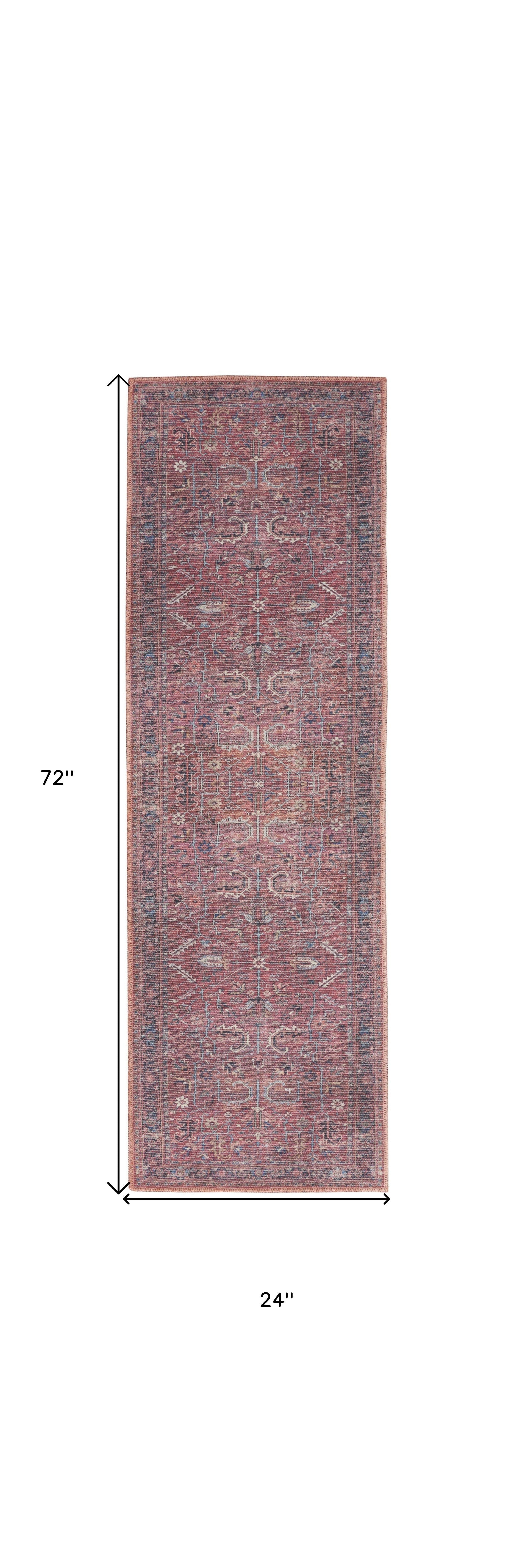 2' X 6' Brick Oriental Power Loom Distressed Washable Runner Rug