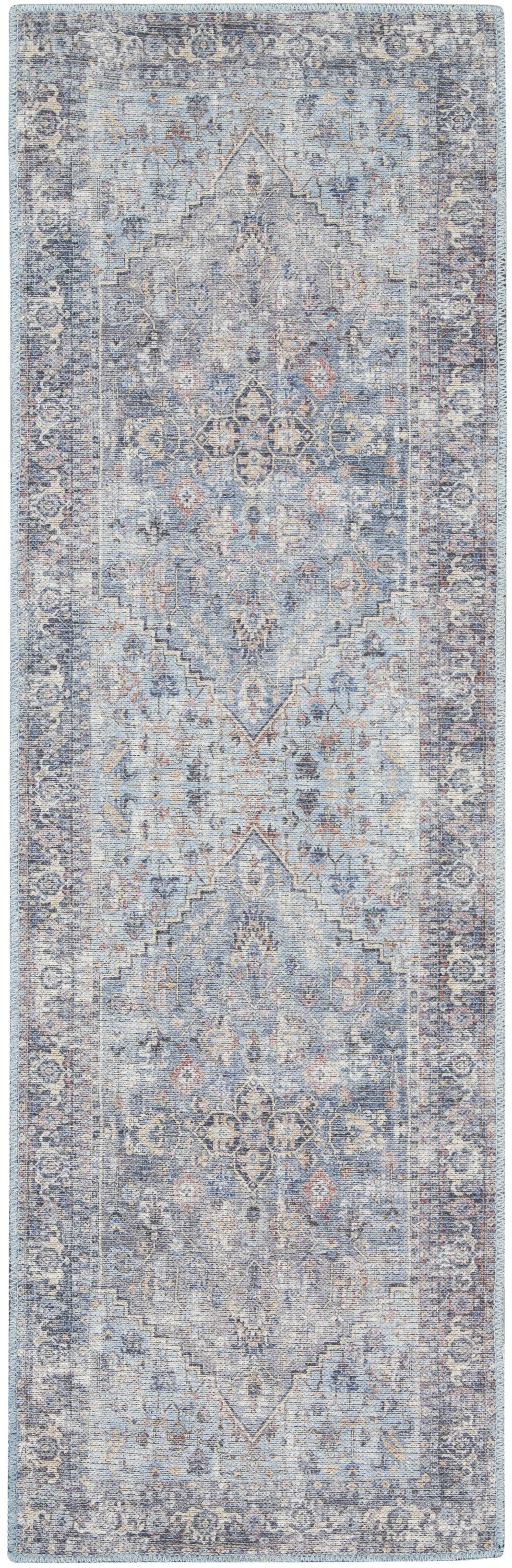 2' X 6' Light Grey And Blue Oriental Power Loom Distressed Washable Runner Rug