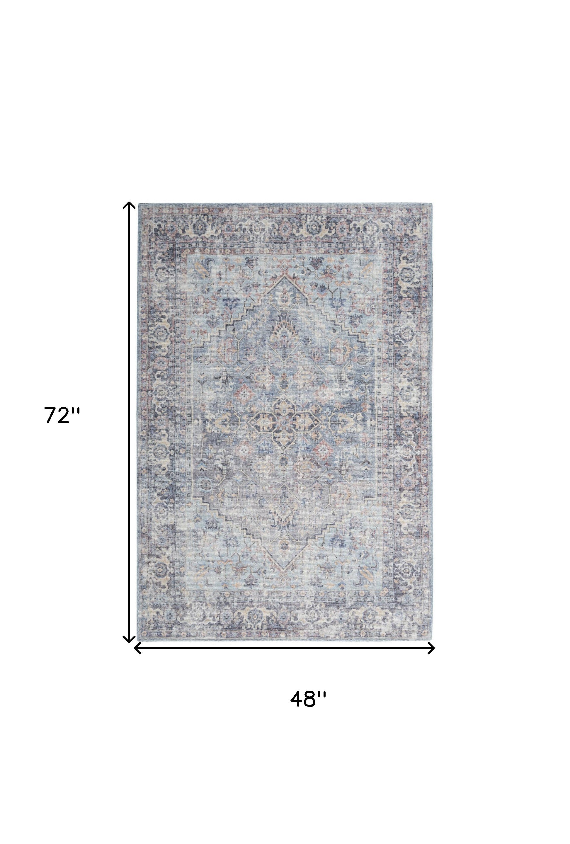 Light Grey And Blue Oriental Power Loom Distressed Washable Area Rug - 4' X 6'