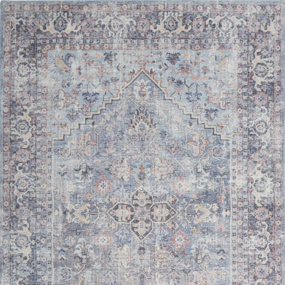 Light Grey And Blue Oriental Power Loom Distressed Washable Area Rug - 4' X 6'