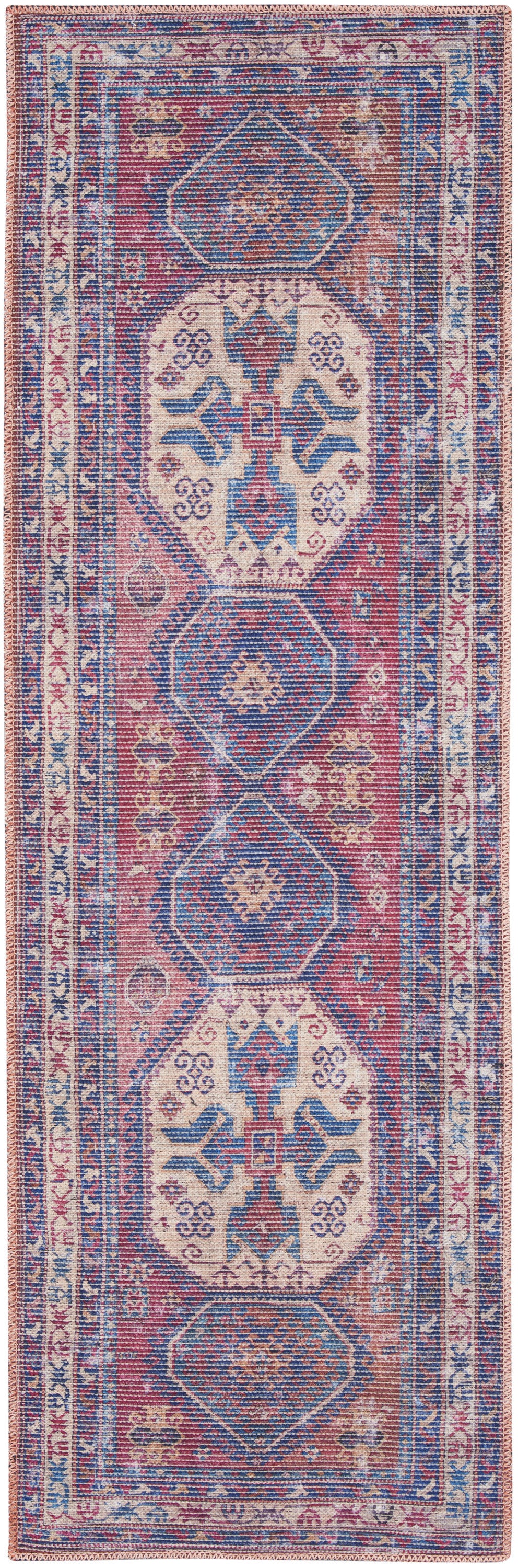 2' X 6' Red And Navy Oriental Power Loom Distressed Washable Runner Rug