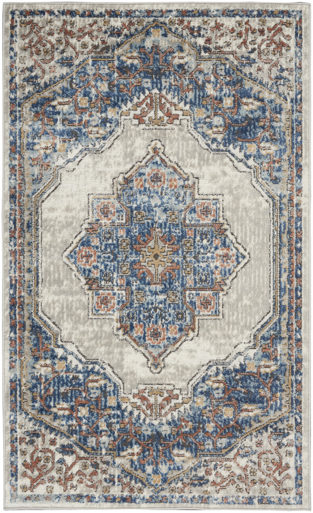 3' X 5' Blue And Grey Oriental Power Loom Non Skid Area Rug