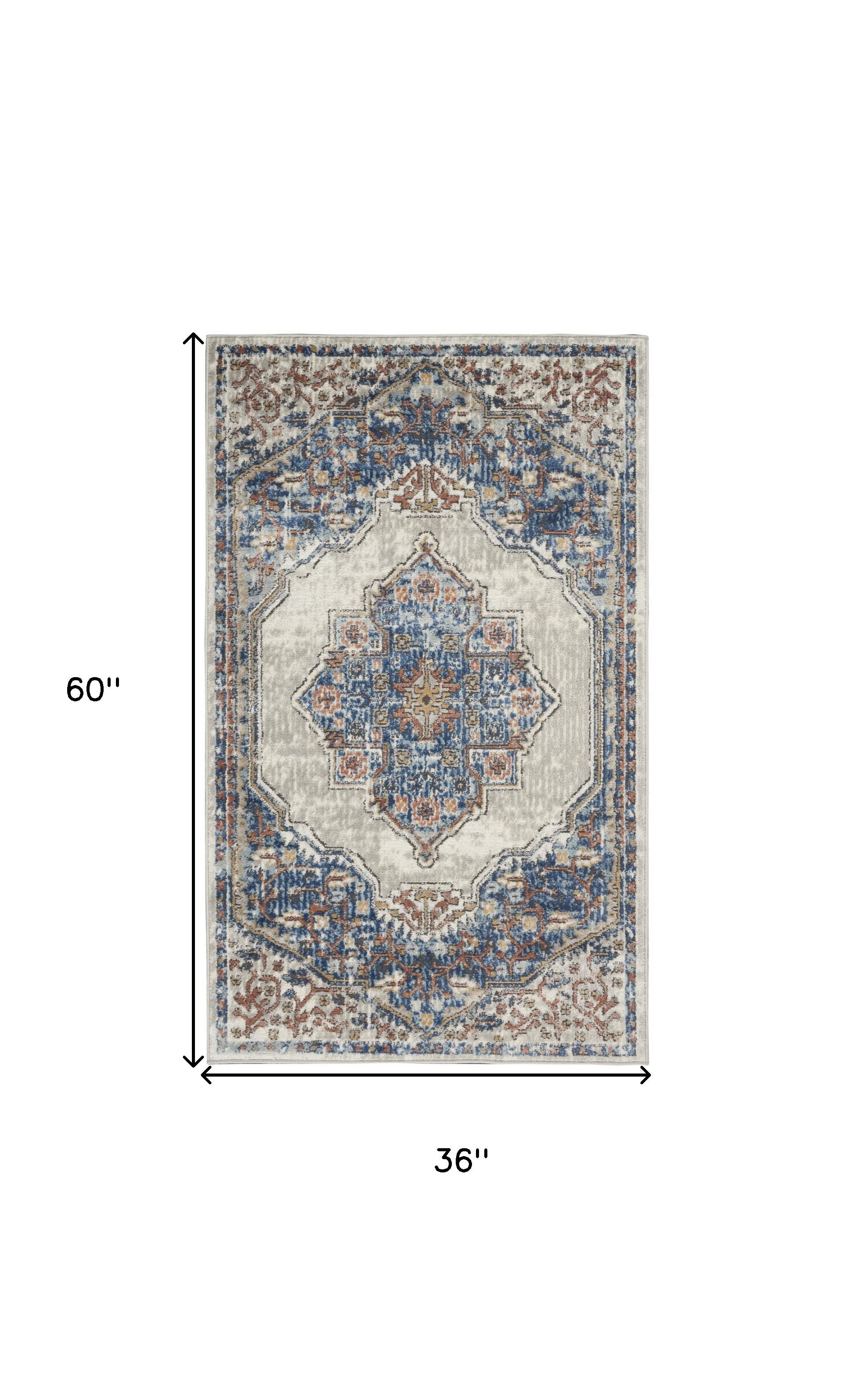 3' X 5' Blue And Grey Oriental Power Loom Non Skid Area Rug