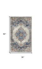 3' X 5' Blue And Grey Oriental Power Loom Non Skid Area Rug