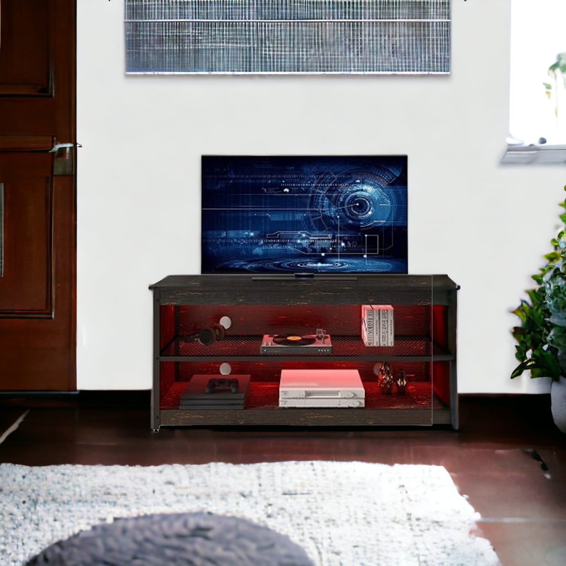 55" Black Manufactured Wood Open Shelving TV Stand With Bookcase