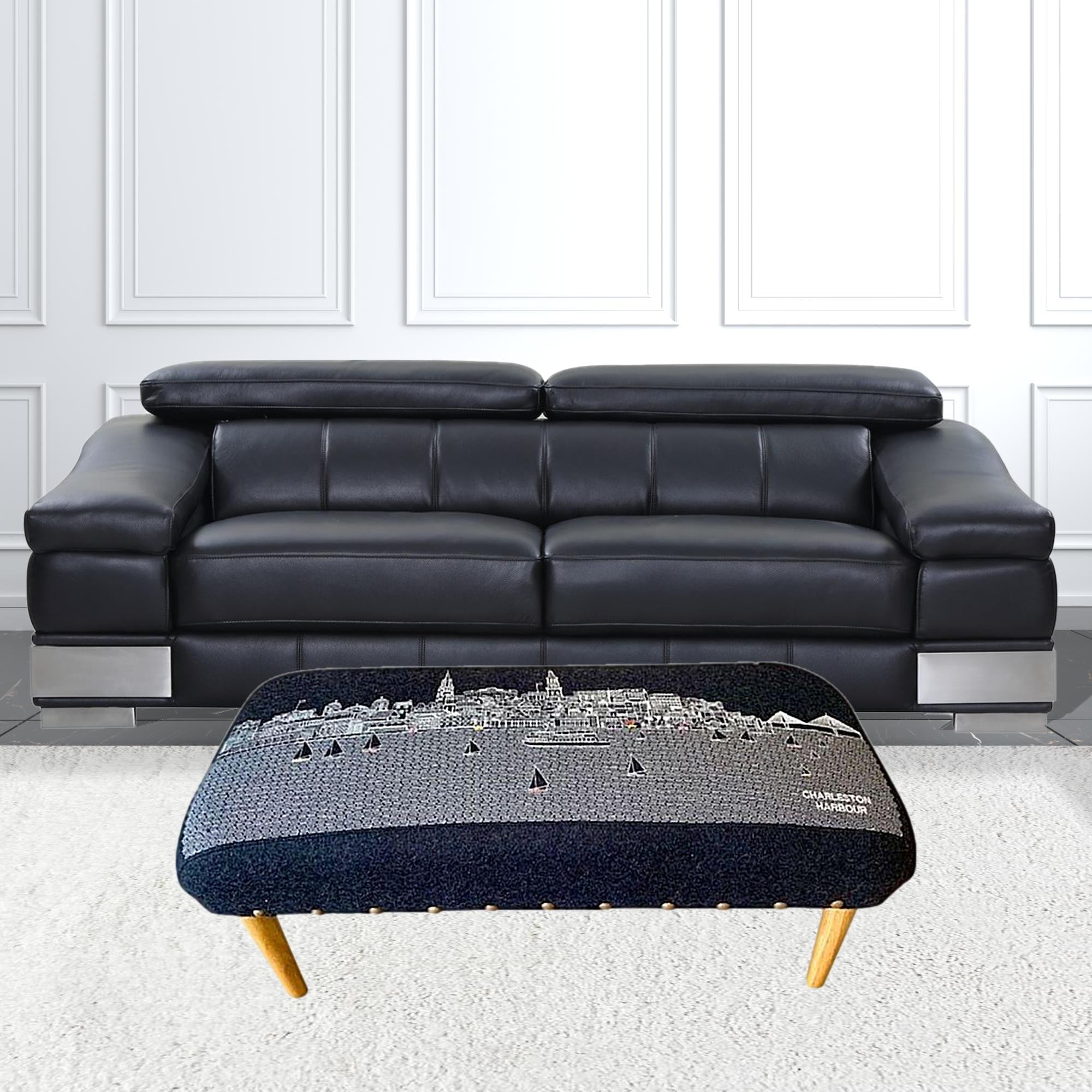 38" Black Breckenridge Nighttime Skyline Embroidered Ottoman