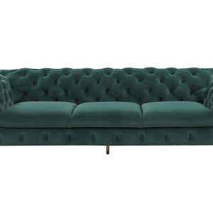 Glam 97" Green Velvet And Gold Accent Sofa