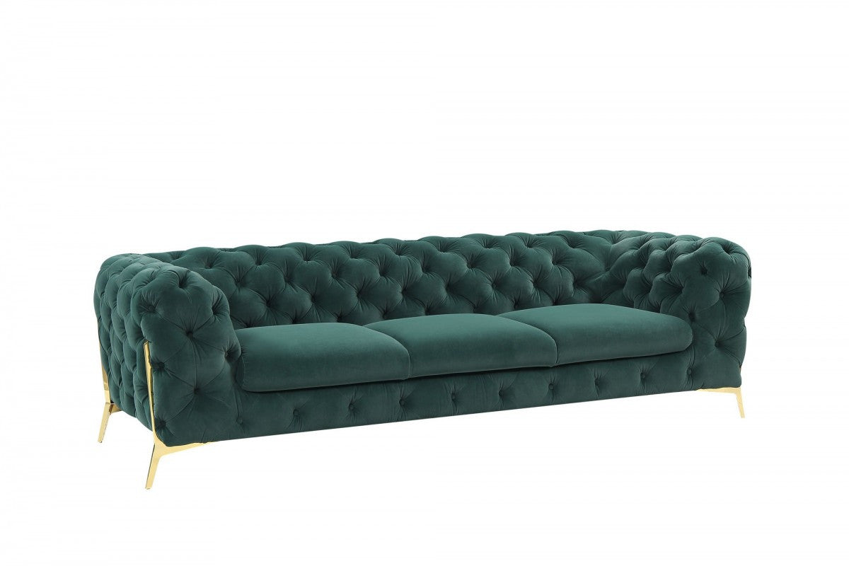 Glam 97" Green Velvet And Gold Accent Sofa