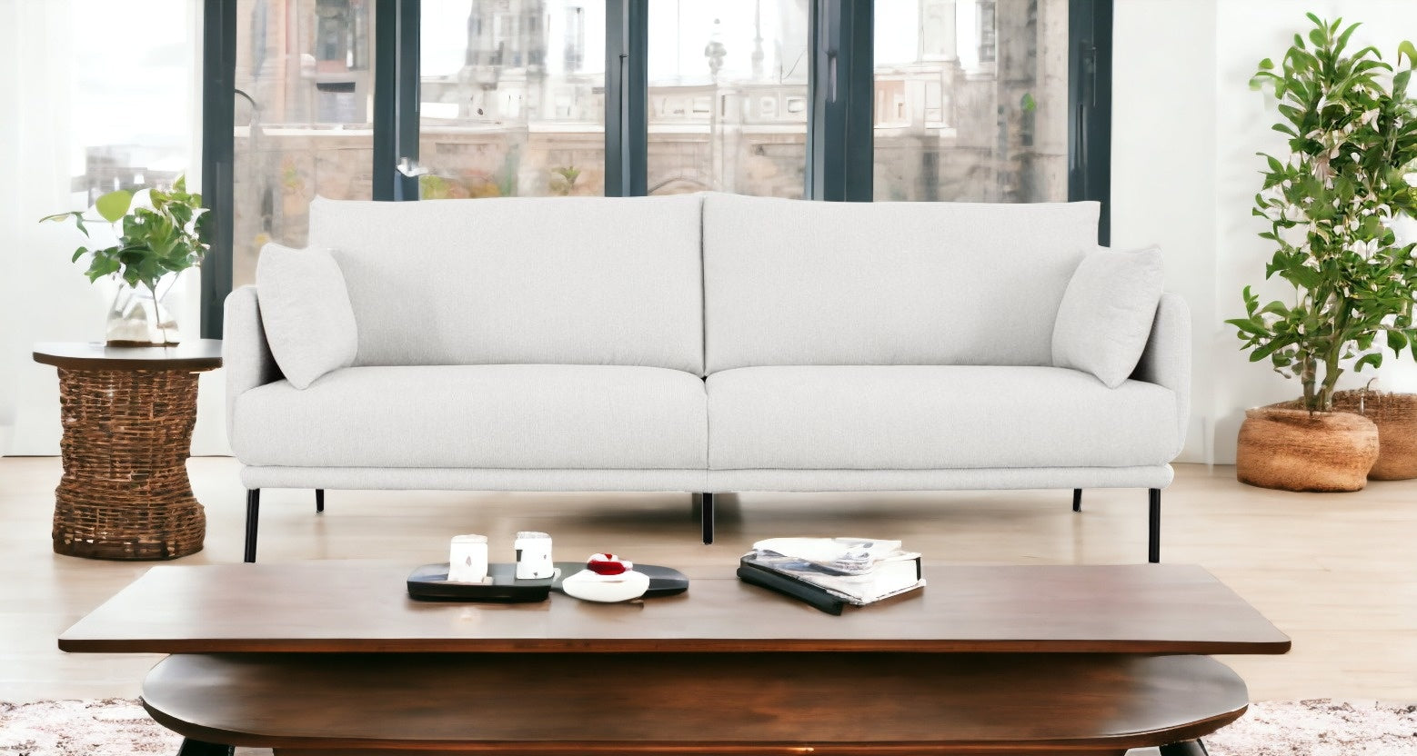 Modern 85" White and Black Fabric Sofa