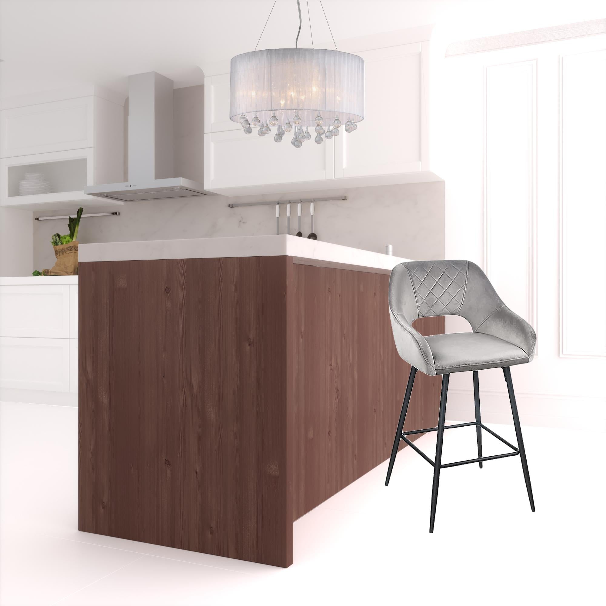 兩件套 38 英寸灰色天鵝絨和黑色開背酒吧高椅子