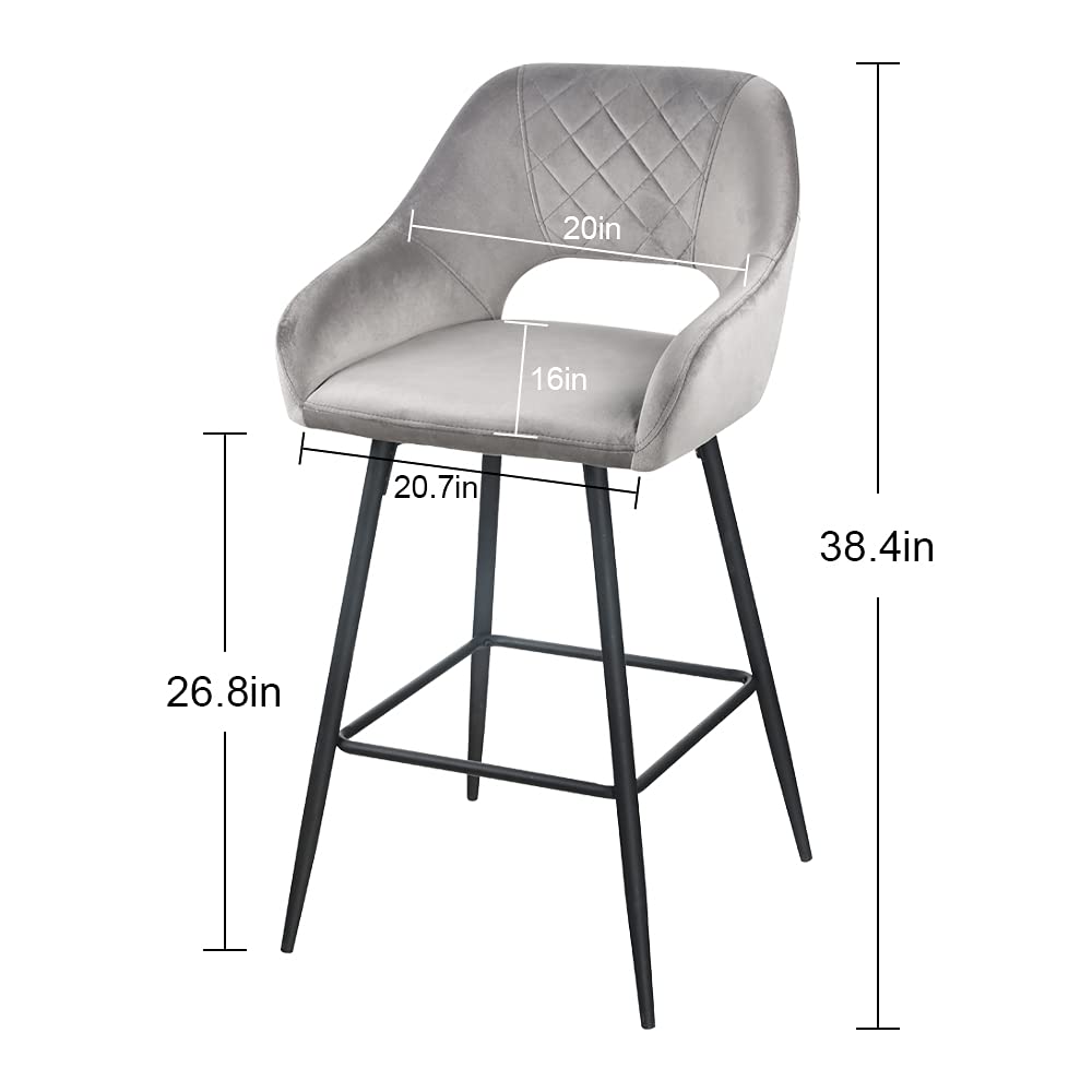 兩件套 38 英寸灰色天鵝絨和黑色開背酒吧高椅子