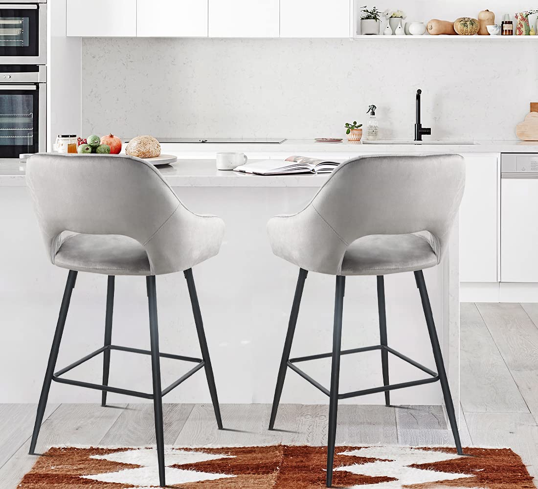 兩件套 38 英寸灰色天鵝絨和黑色開背酒吧高椅子