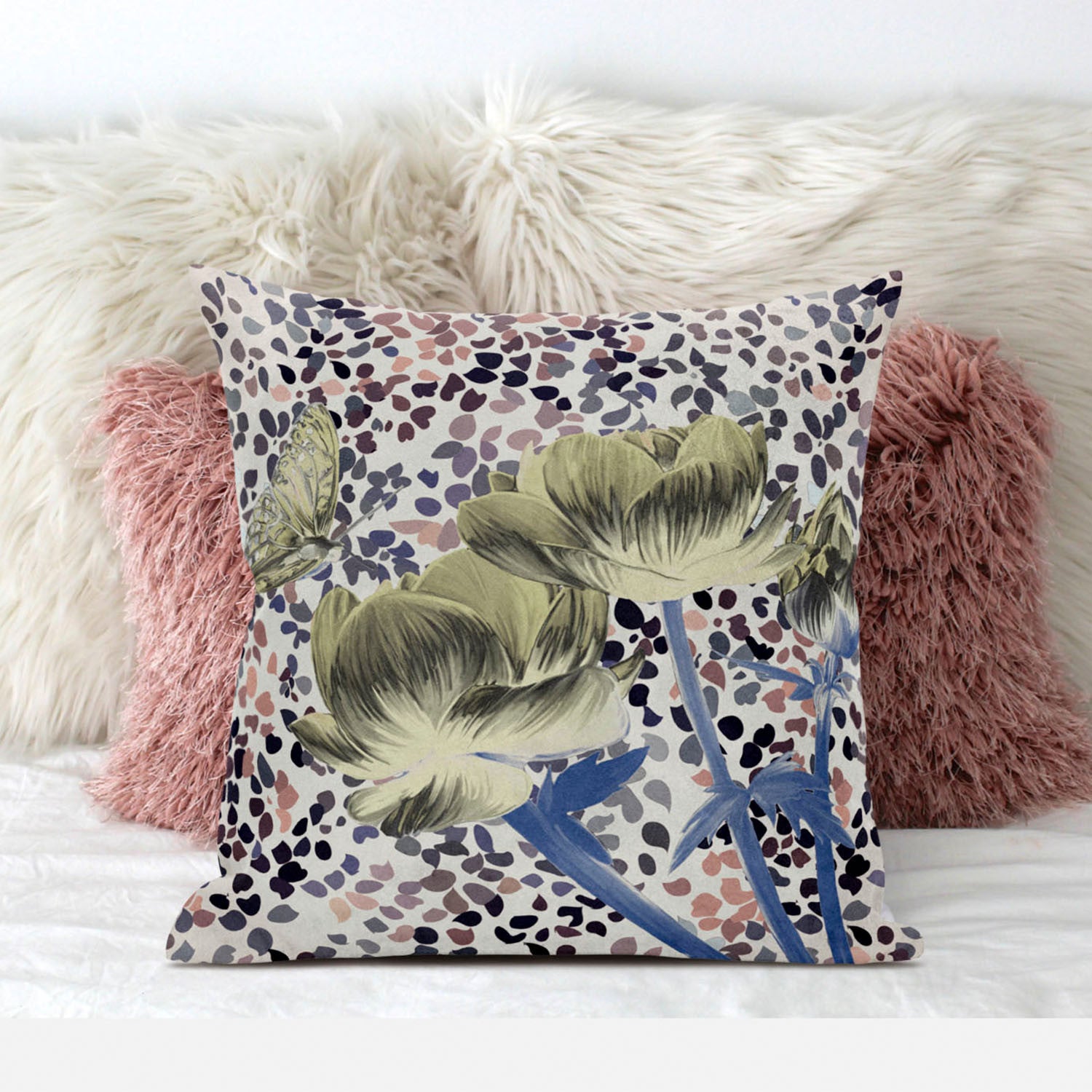 18" X 18" MutedYellow Blue Peach Floral Zippered Suede Throw Pillow