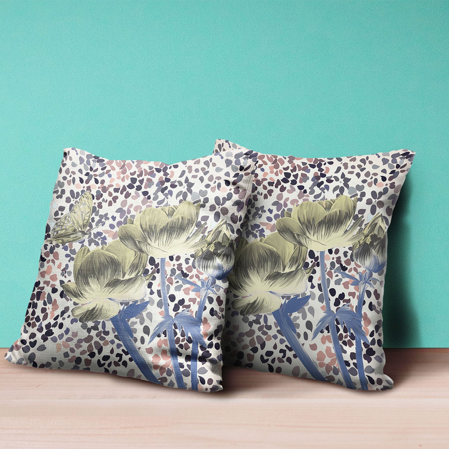 18" X 18" MutedYellow Blue Peach Floral Zippered Suede Throw Pillow