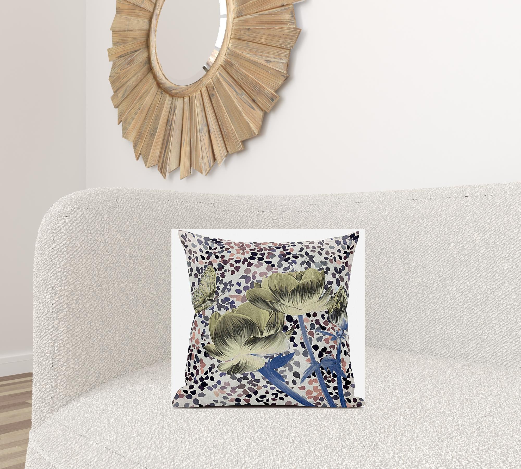 18" X 18" MutedYellow Blue Peach Floral Zippered Suede Throw Pillow