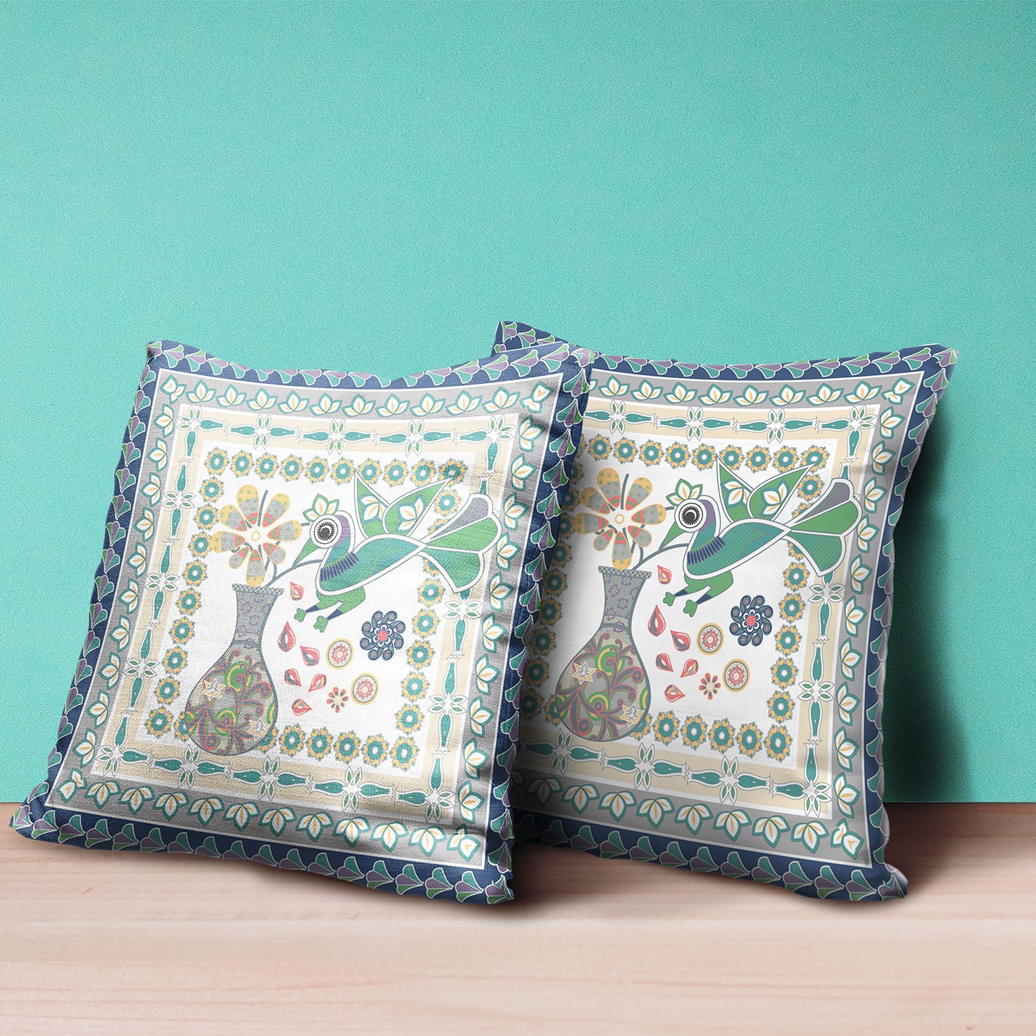 16" X 16" Cream And Yellow Bird Blown Seam Abstract Indoor Outdoor Throw Pillow