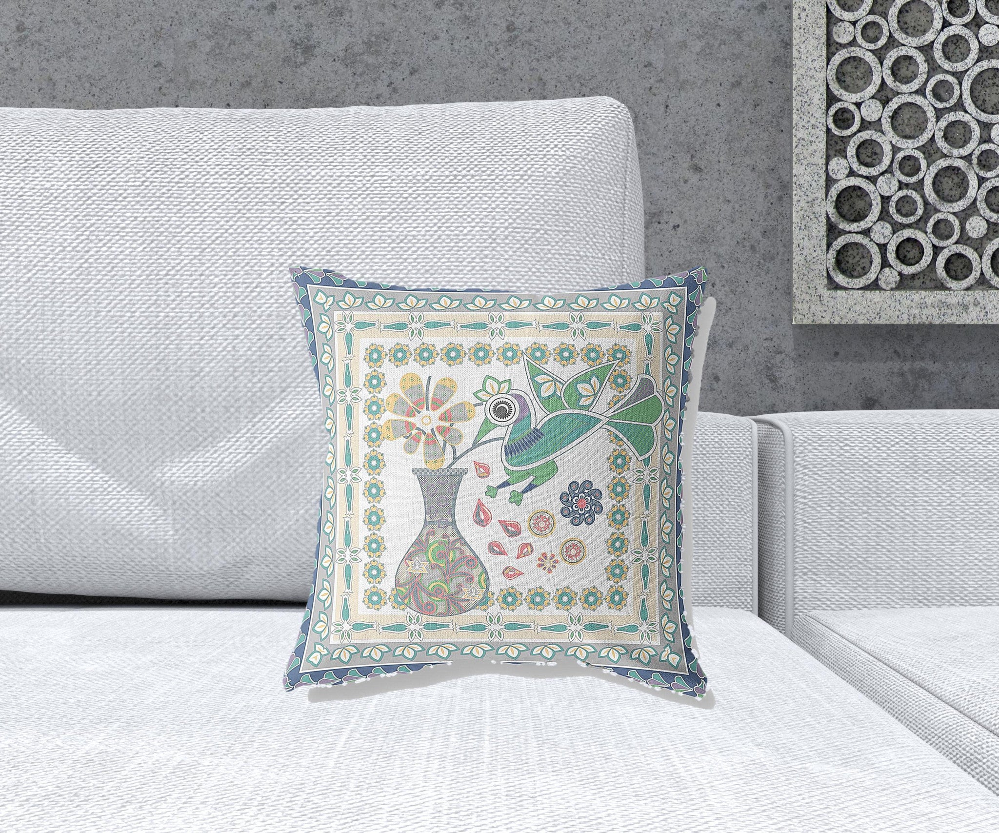 16" X 16" Cream And Yellow Bird Blown Seam Abstract Indoor Outdoor Throw Pillow