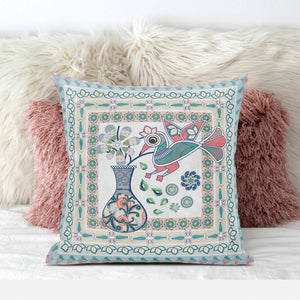 18" X 18" White And Blue Bird Blown Seam Floral Indoor Outdoor Throw Pillow