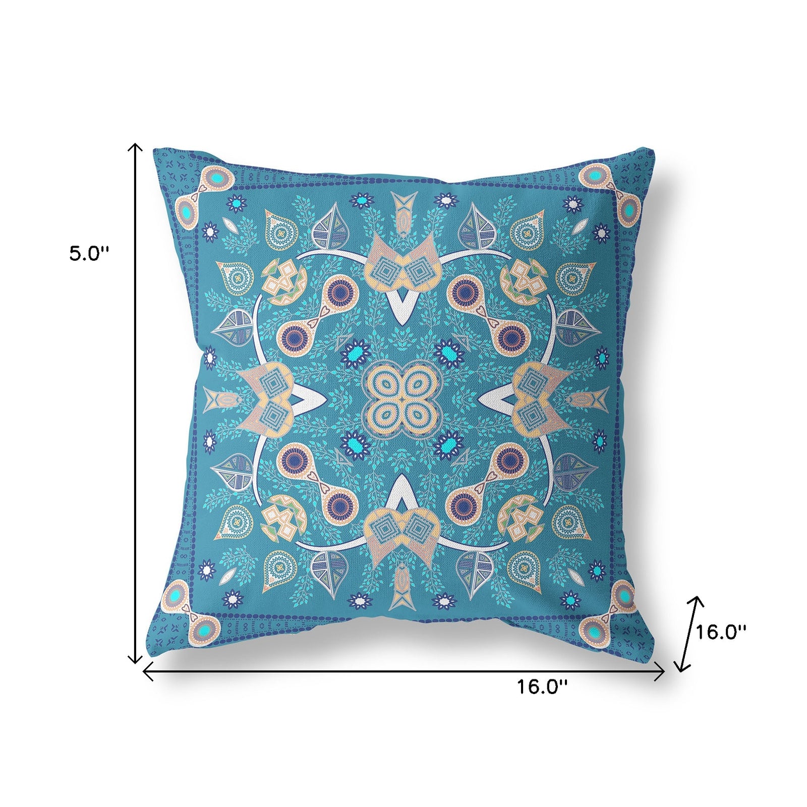 16" X 16" Blue And Beige Blown Seam Floral Indoor Outdoor Throw Pillow