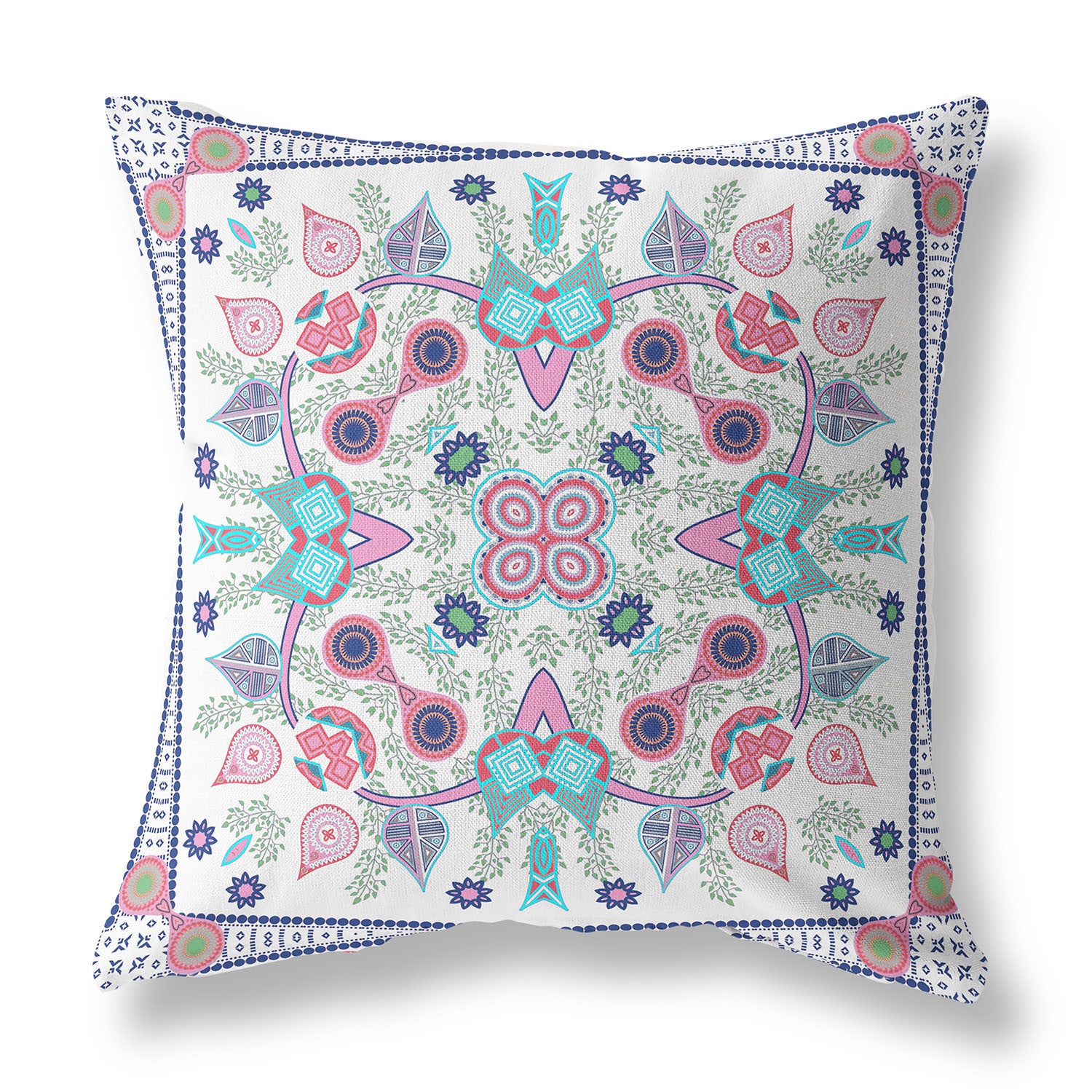 16" X 16" White And Blue Blown Seam Floral Indoor Outdoor Throw Pillow
