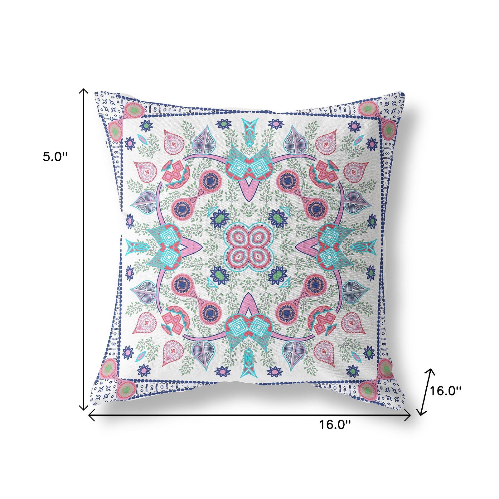 16" X 16" White And Blue Blown Seam Floral Indoor Outdoor Throw Pillow
