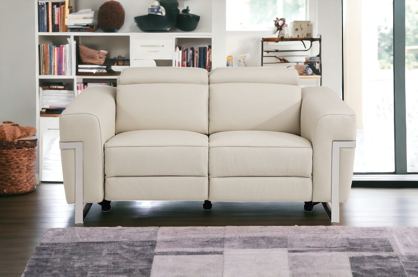 65" Beige Italian Leather with Chrome Accents Reclining Love Seat