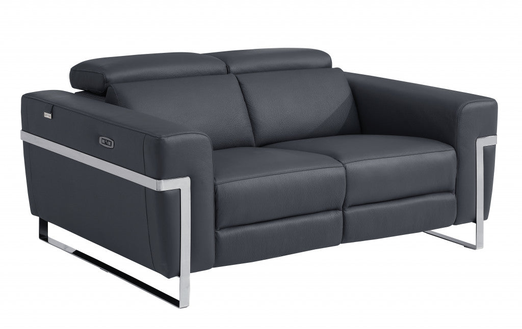 Dark Gray Italian Leather Reclining Love Seat 65"