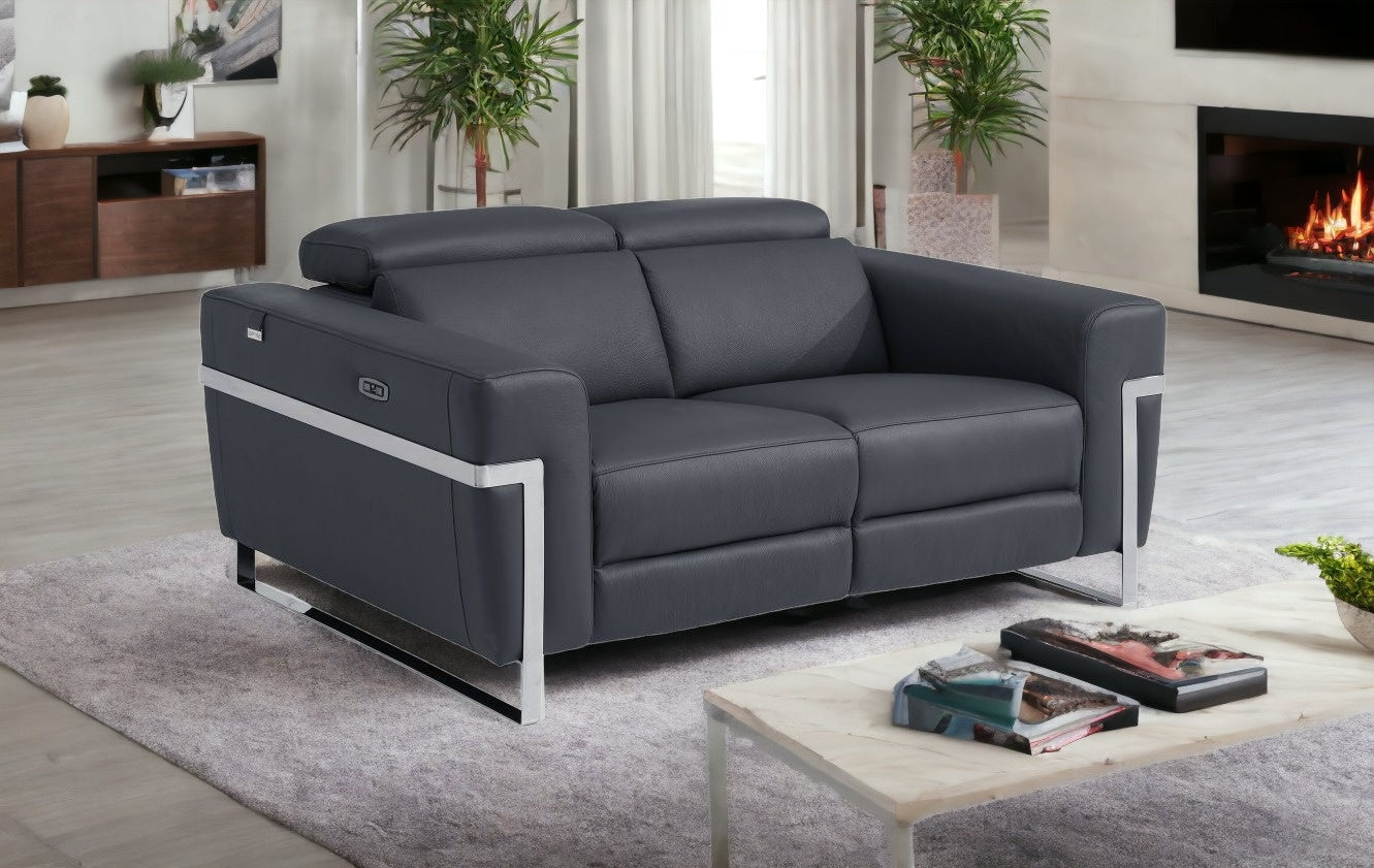 Dark Gray Italian Leather Reclining Love Seat 65"