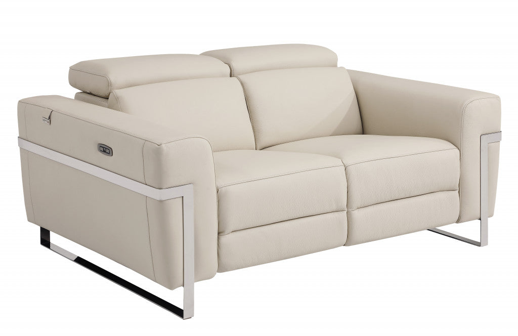 Beige Italian Leather and Stainless Reclining Love Seat 65"