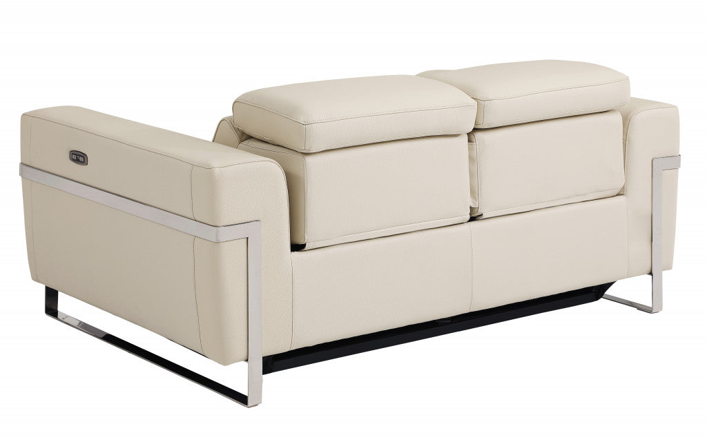 Beige Italian Leather and Stainless Reclining Love Seat 65"