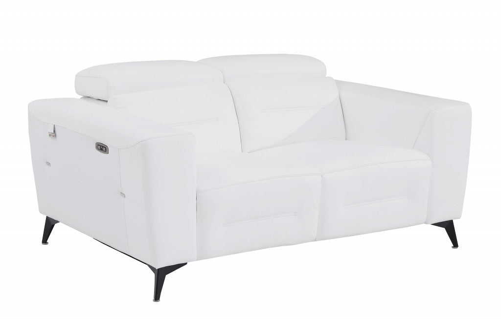 White and Chrome Italian Leather Reclining Love Seat 65"