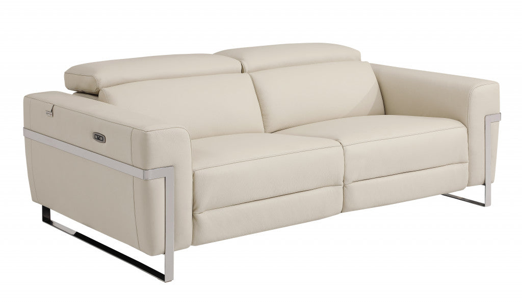 83" Beige Italian Leather and Chrome Reclining Sofa