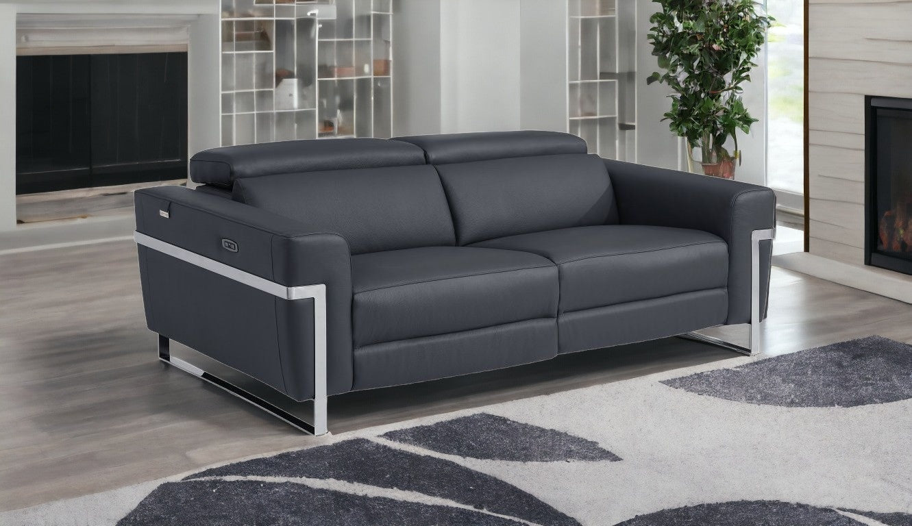 83" Dark Gray Italian Leather and  Chrome Reclining Sofa