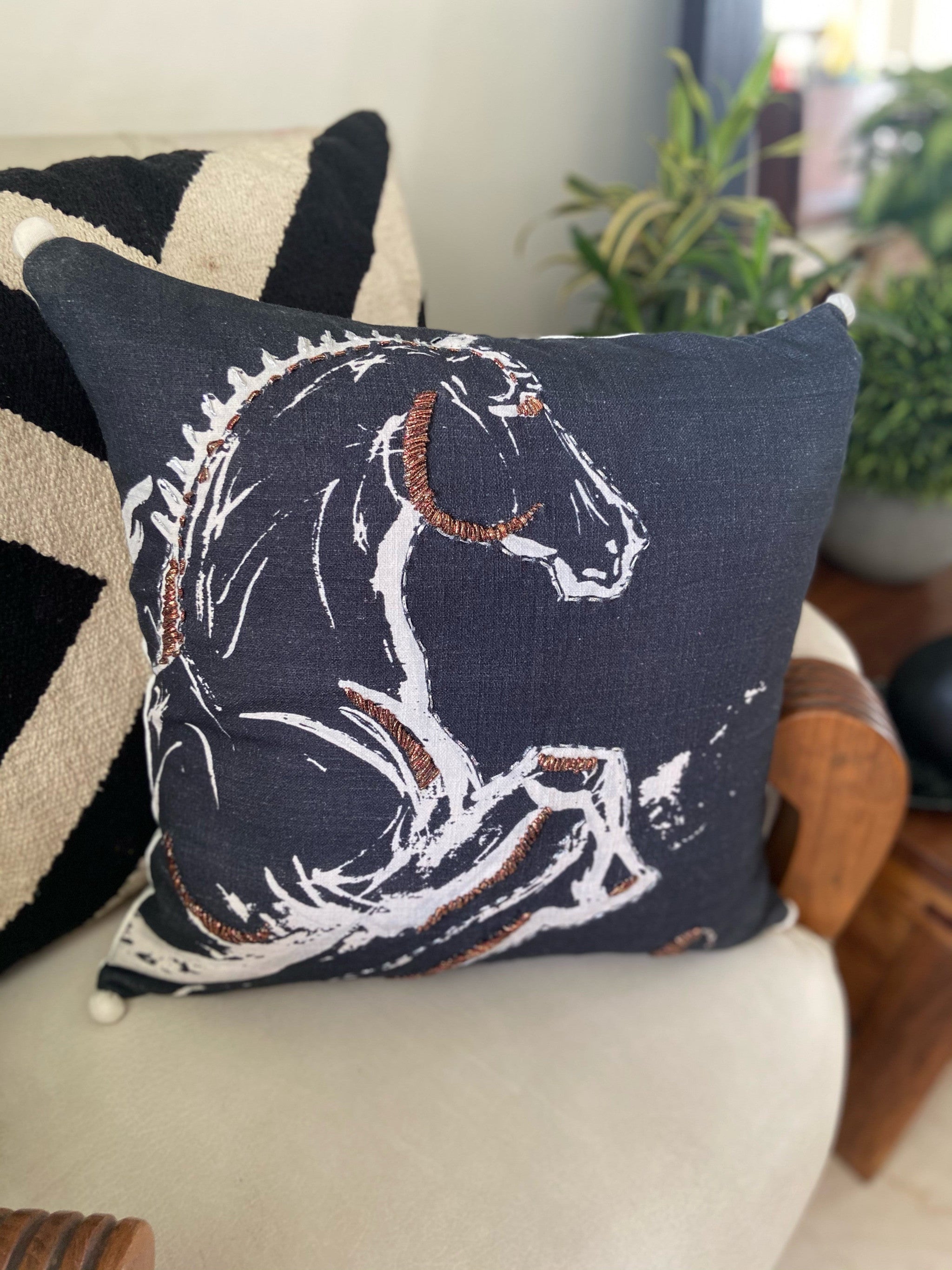 18" X 18" Gray Horse Zippered Handmade Cotton Blend Throw Pillow With Embroidery