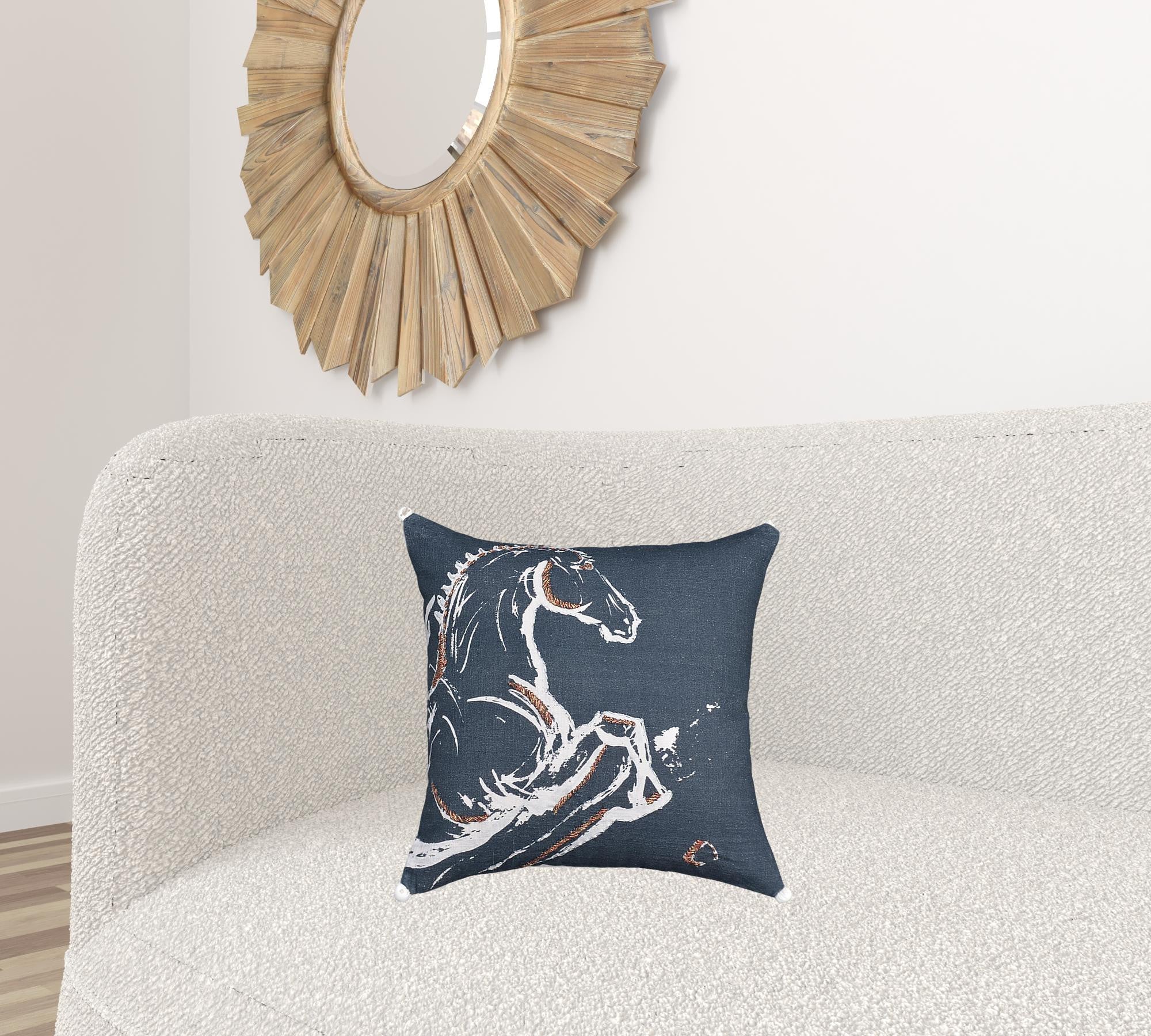 18" X 18" Gray Horse Zippered Handmade Cotton Blend Throw Pillow With Embroidery