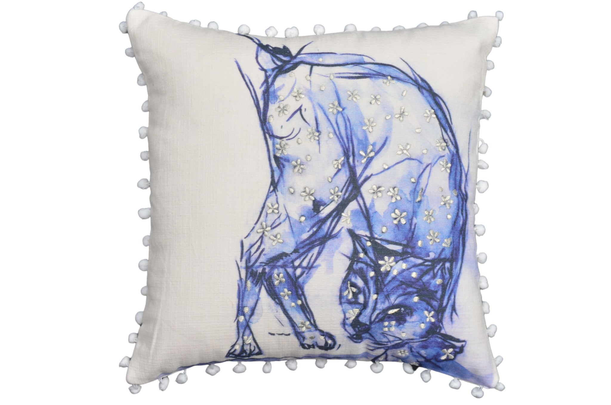 18" X 18" Blue And White Abstract Cat Throw Pillow With Pom Poms