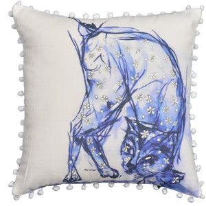 18" X 18" Blue And White Abstract Cat Throw Pillow With Pom Poms