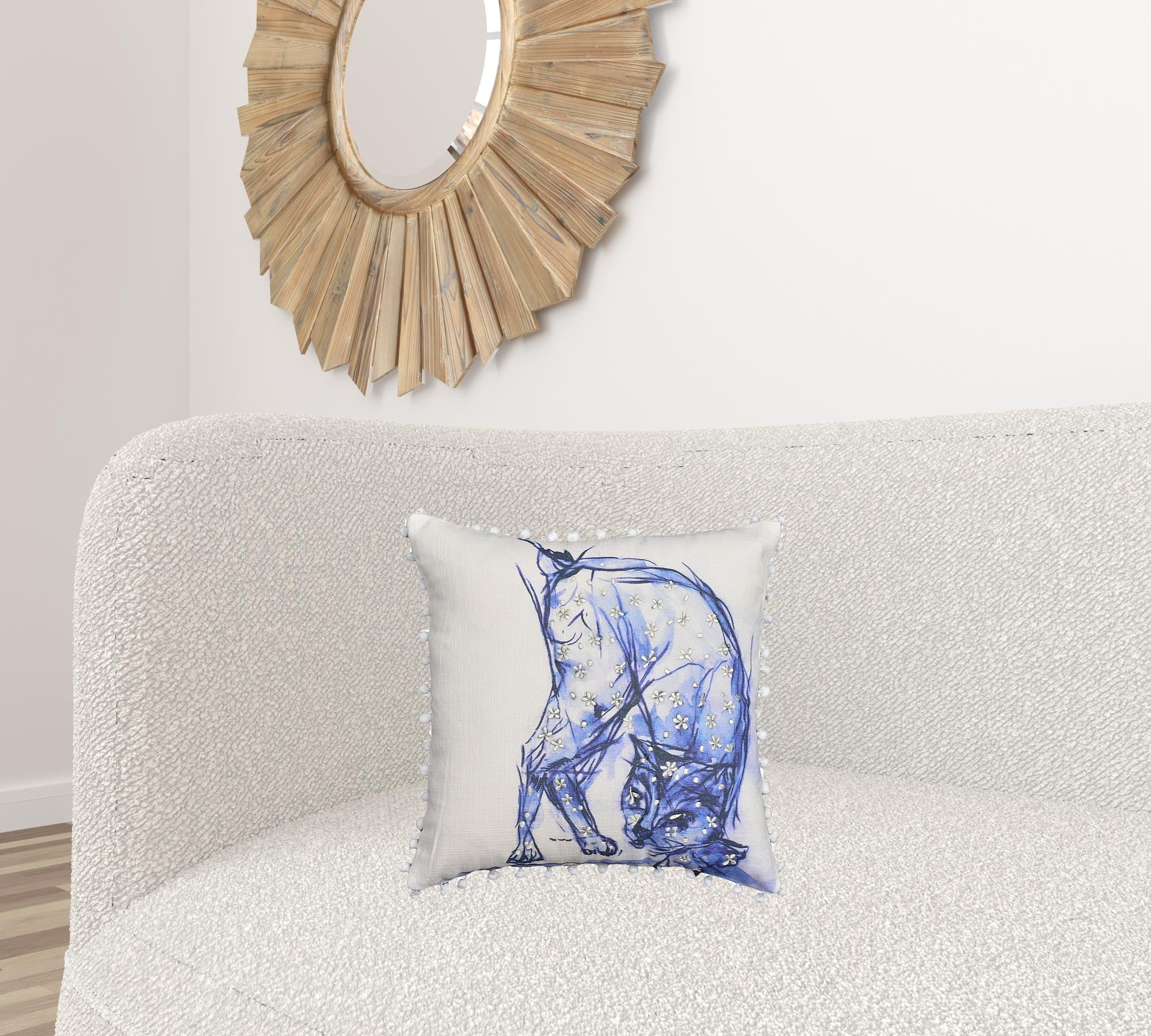 18" X 18" Blue And White Abstract Cat Throw Pillow With Pom Poms