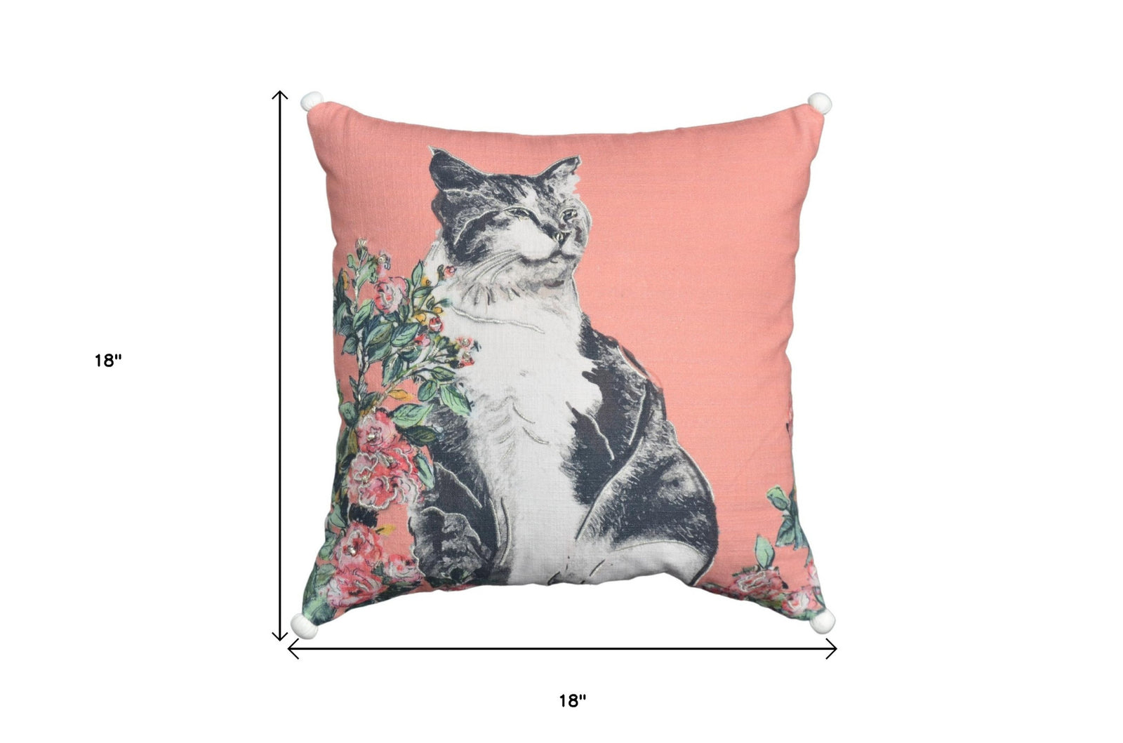 18" X 18" Pink Cat Zippered Handmade Cotton Blend Throw Pillow With Pom Poms
