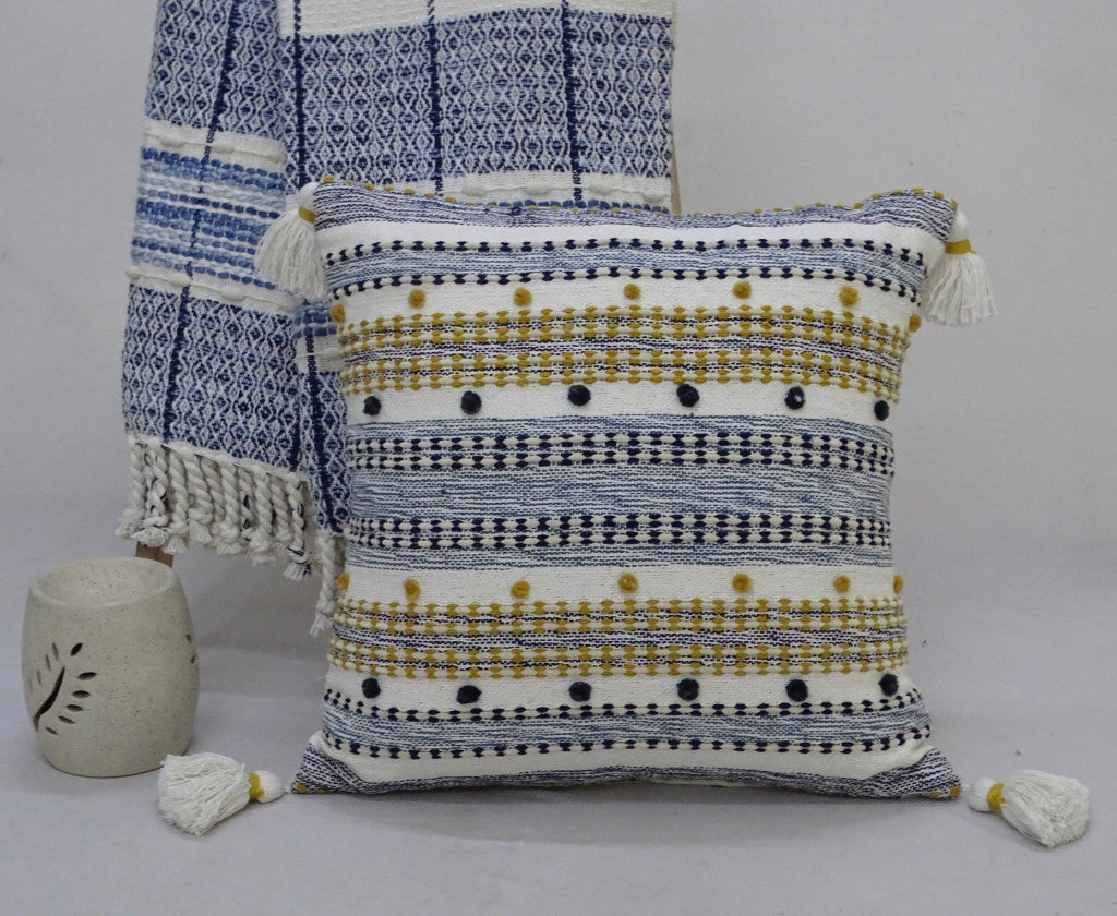 20" X 20" Blue And Gold Striped Handmade Throw Pillow With Tassels