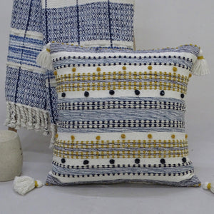 20" X 20" Blue And Gold Striped Handmade Throw Pillow With Tassels