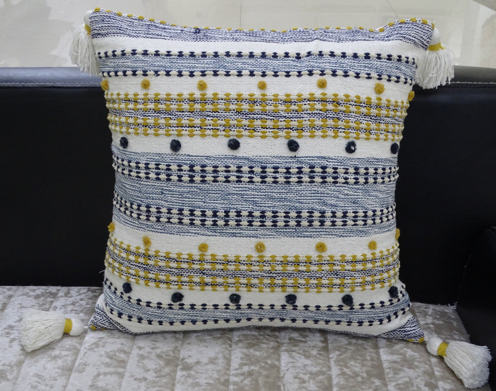 20" X 20" Blue And Gold Striped Handmade Throw Pillow With Tassels