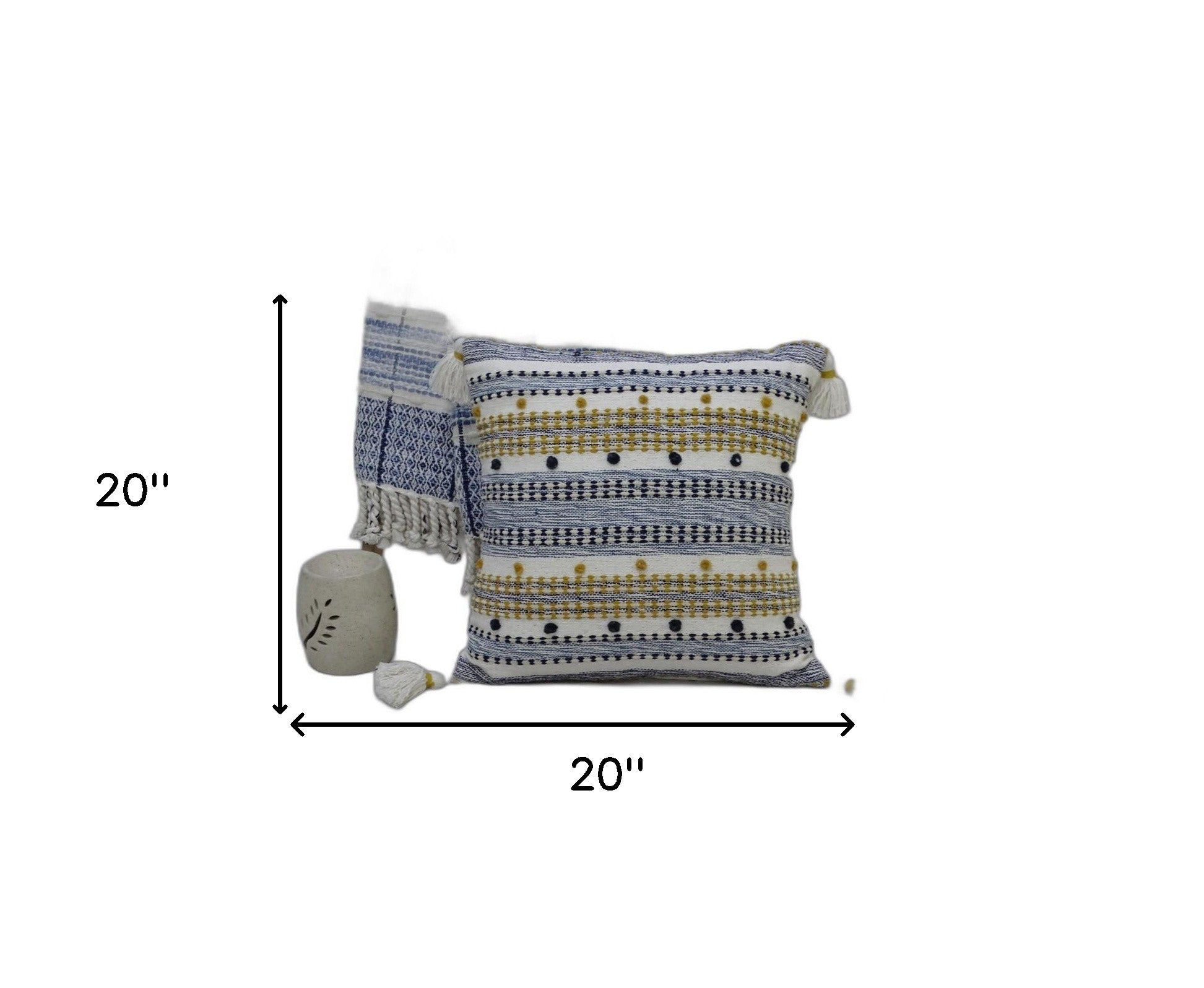 20" X 20" Blue And Gold Striped Handmade Throw Pillow With Tassels