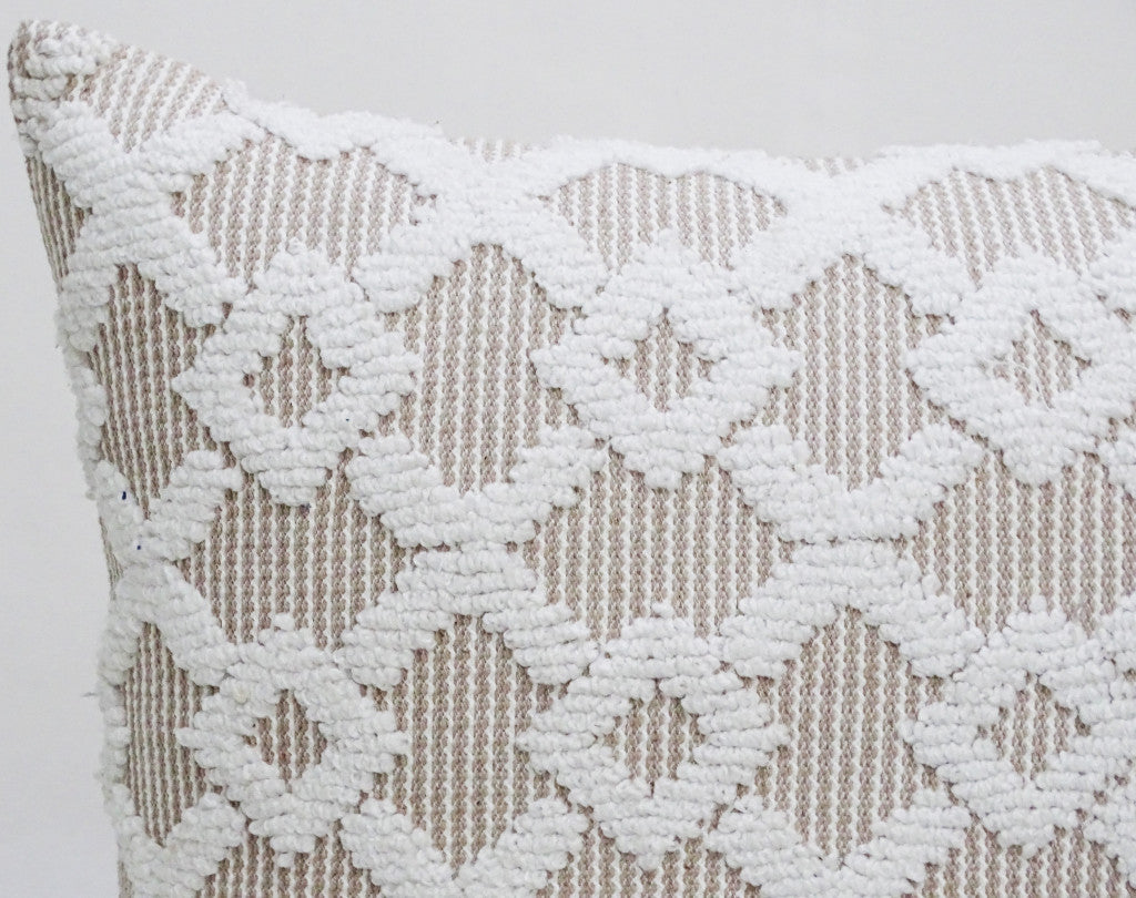 20" X 20" White And Beige Trellis Zippered Cotton Blend Throw Pillow