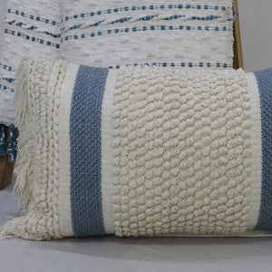 14" X 24" Cream And Light Blue Handmade Nubby Texture Throw Pillow With Fringe