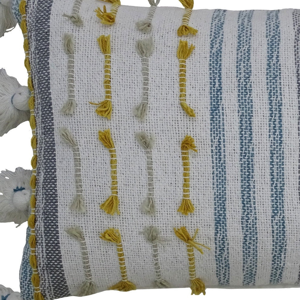 14" X 20" Blue And Yellow Striped Zippered Handmade Cotton Blend Throw Pillow With Tassels